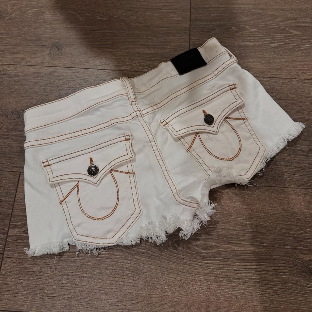 True Religion White Jean Shorts with Frayed Hem